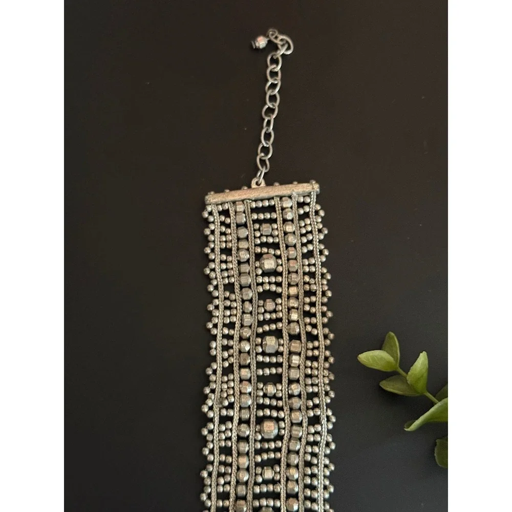 Silver Tone Multi Strand Beaded Wide Cuff Statement Bracelet Boho Tribal 9.5